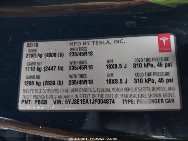 Photo 8 VIN: 5YJ3E1EA1JF004874 - TESLA MODEL 3 