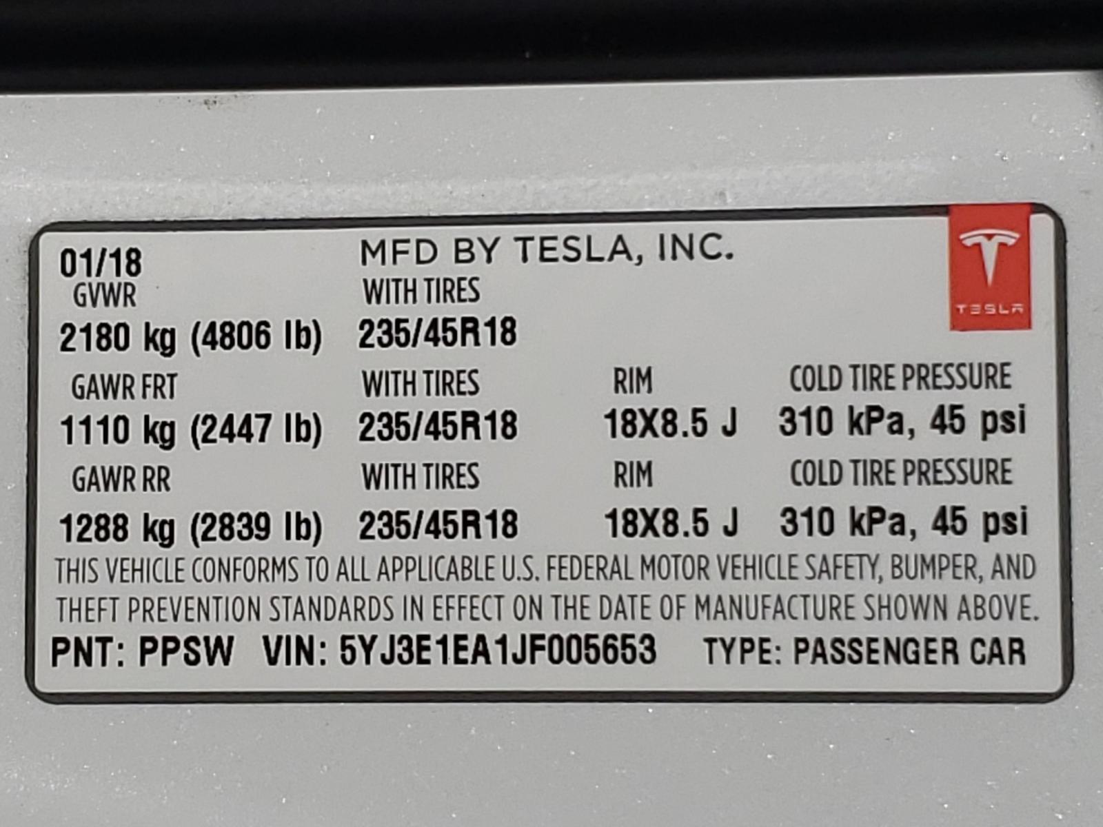 Photo 9 VIN: 5YJ3E1EA1JF005653 - TESLA MODEL 3 