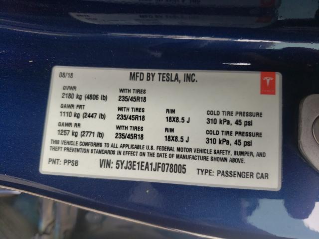 Photo 9 VIN: 5YJ3E1EA1JF078005 - TESLA MODEL 3 