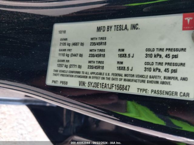 Photo 8 VIN: 5YJ3E1EA1JF156847 - TESLA MODEL 3 