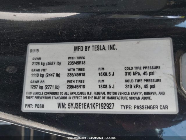 Photo 8 VIN: 5YJ3E1EA1KF192927 - TESLA MODEL 3 