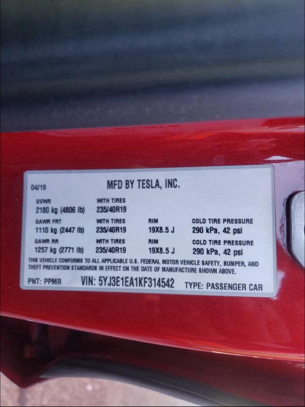 Photo 9 VIN: 5YJ3E1EA1KF314542 - TESLA MODEL 3 