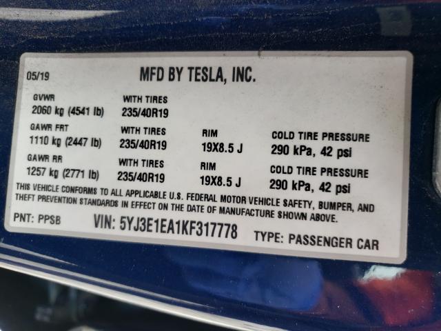 Photo 9 VIN: 5YJ3E1EA1KF317778 - TESLA MODEL 3 