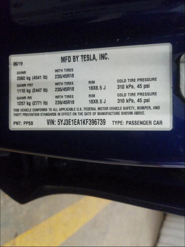 Photo 9 VIN: 5YJ3E1EA1KF396739 - TESLA MODEL 3 