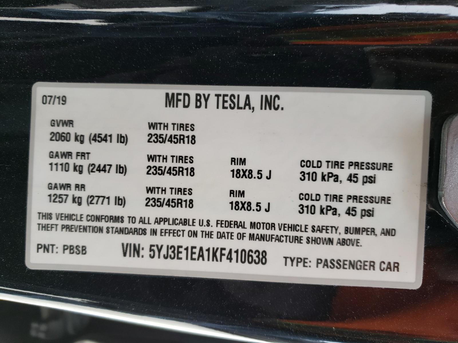 Photo 9 VIN: 5YJ3E1EA1KF410638 - TESLA MODEL 3 