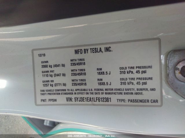 Photo 8 VIN: 5YJ3E1EA1LF612381 - TESLA MODEL 3 