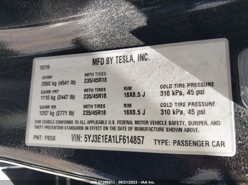 Photo 8 VIN: 5YJ3E1EA1LF614857 - TESLA MODEL 3 