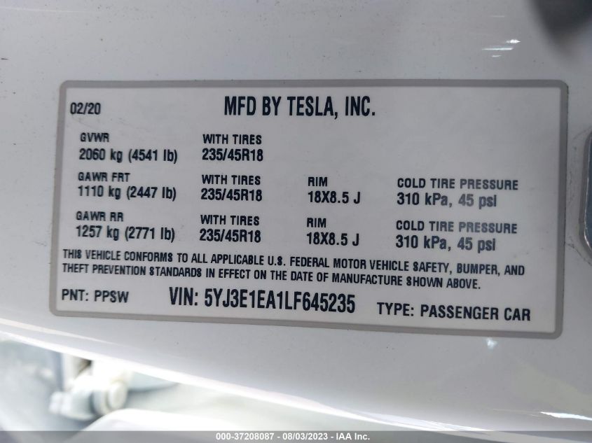 Photo 8 VIN: 5YJ3E1EA1LF645235 - TESLA MODEL 3 