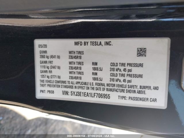 Photo 8 VIN: 5YJ3E1EA1LF706955 - TESLA MODEL 3 