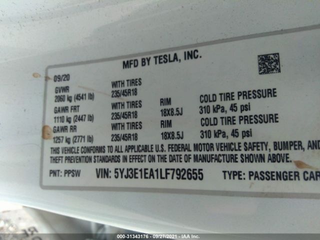 Photo 8 VIN: 5YJ3E1EA1LF792655 - TESLA MODEL 3 