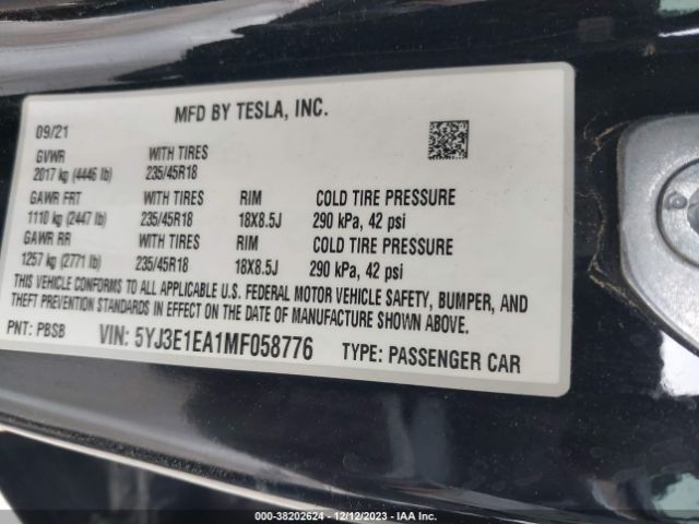 Photo 8 VIN: 5YJ3E1EA1MF058776 - TESLA MODEL 3 