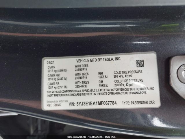 Photo 8 VIN: 5YJ3E1EA1MF067784 - TESLA MODEL 3 