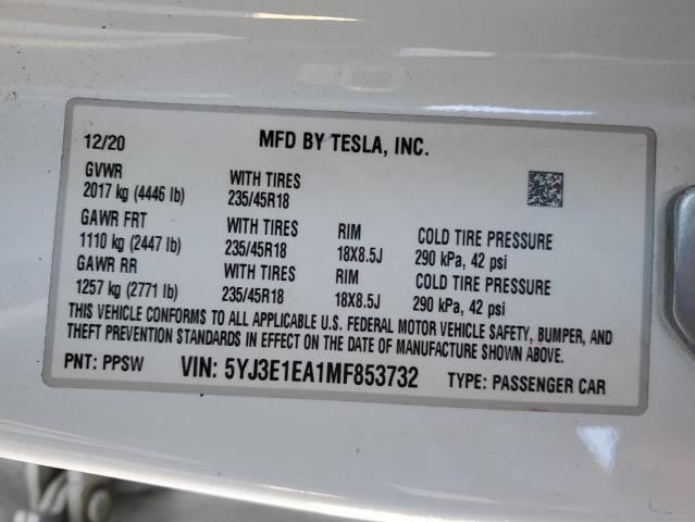 Photo 11 VIN: 5YJ3E1EA1MF853732 - TESLA MODEL 3 