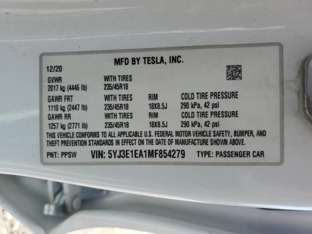 Photo 11 VIN: 5YJ3E1EA1MF854279 - TESLA MODEL 3 