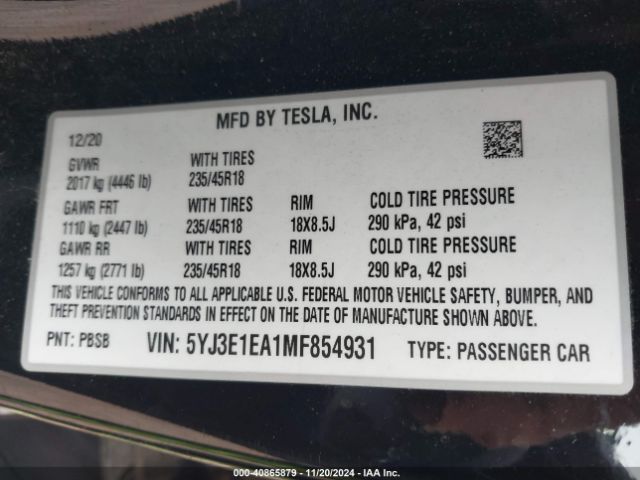 Photo 8 VIN: 5YJ3E1EA1MF854931 - TESLA MODEL 3 