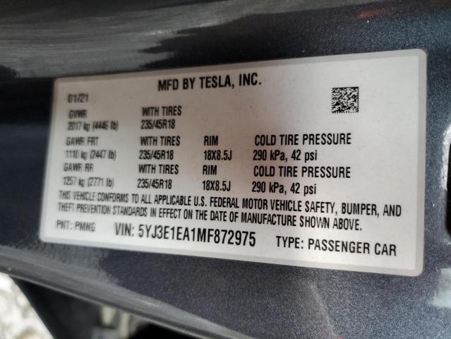 Photo 11 VIN: 5YJ3E1EA1MF872975 - TESLA MODEL 3 