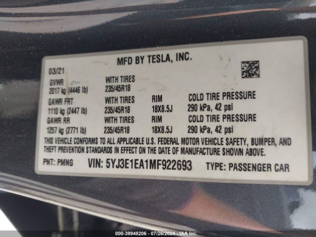 Photo 8 VIN: 5YJ3E1EA1MF922693 - TESLA MODEL 3 