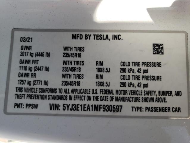 Photo 11 VIN: 5YJ3E1EA1MF930597 - TESLA MODEL 3 