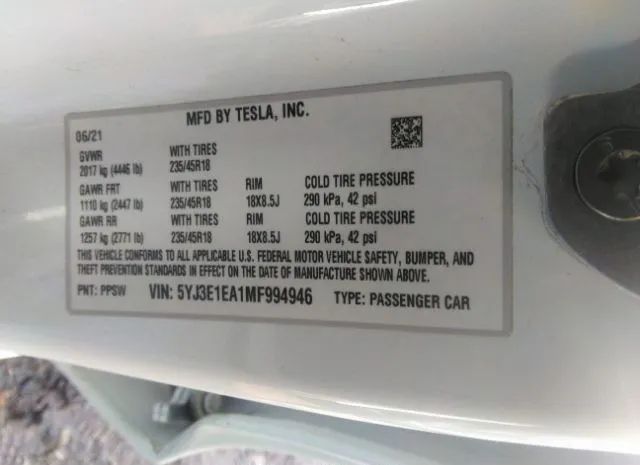 Photo 8 VIN: 5YJ3E1EA1MF994946 - TESLA MODEL 3 