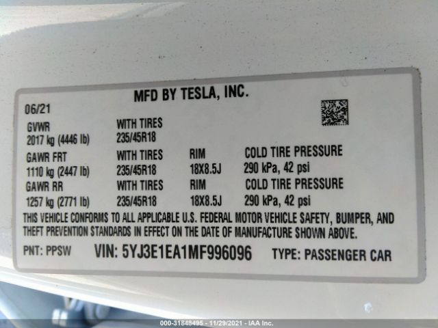 Photo 8 VIN: 5YJ3E1EA1MF996096 - TESLA MODEL 3 