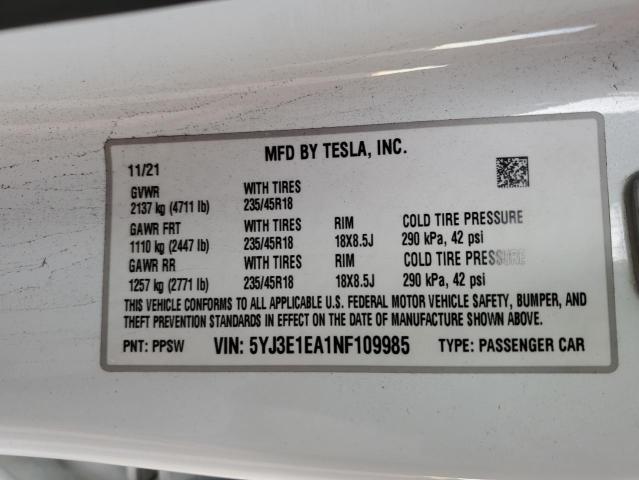 Photo 12 VIN: 5YJ3E1EA1NF109985 - TESLA MODEL 3 