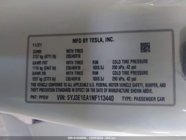 Photo 8 VIN: 5YJ3E1EA1NF113440 - TESLA MODEL 3 