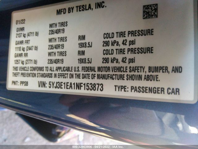 Photo 8 VIN: 5YJ3E1EA1NF153873 - TESLA MODEL 3 