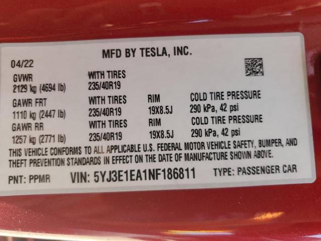 Photo 11 VIN: 5YJ3E1EA1NF186811 - TESLA MODEL 3 