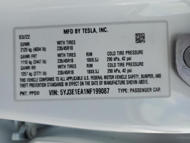 Photo 9 VIN: 5YJ3E1EA1NF199087 - TESLA MODEL 3 