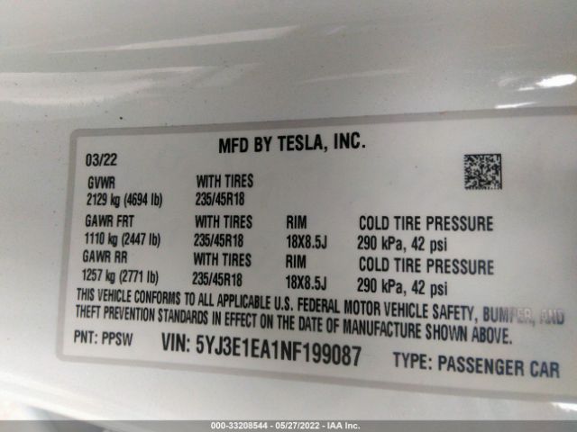 Photo 8 VIN: 5YJ3E1EA1NF199087 - TESLA MODEL 3 