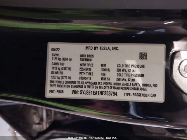 Photo 8 VIN: 5YJ3E1EA1NF253794 - TESLA MODEL 3 