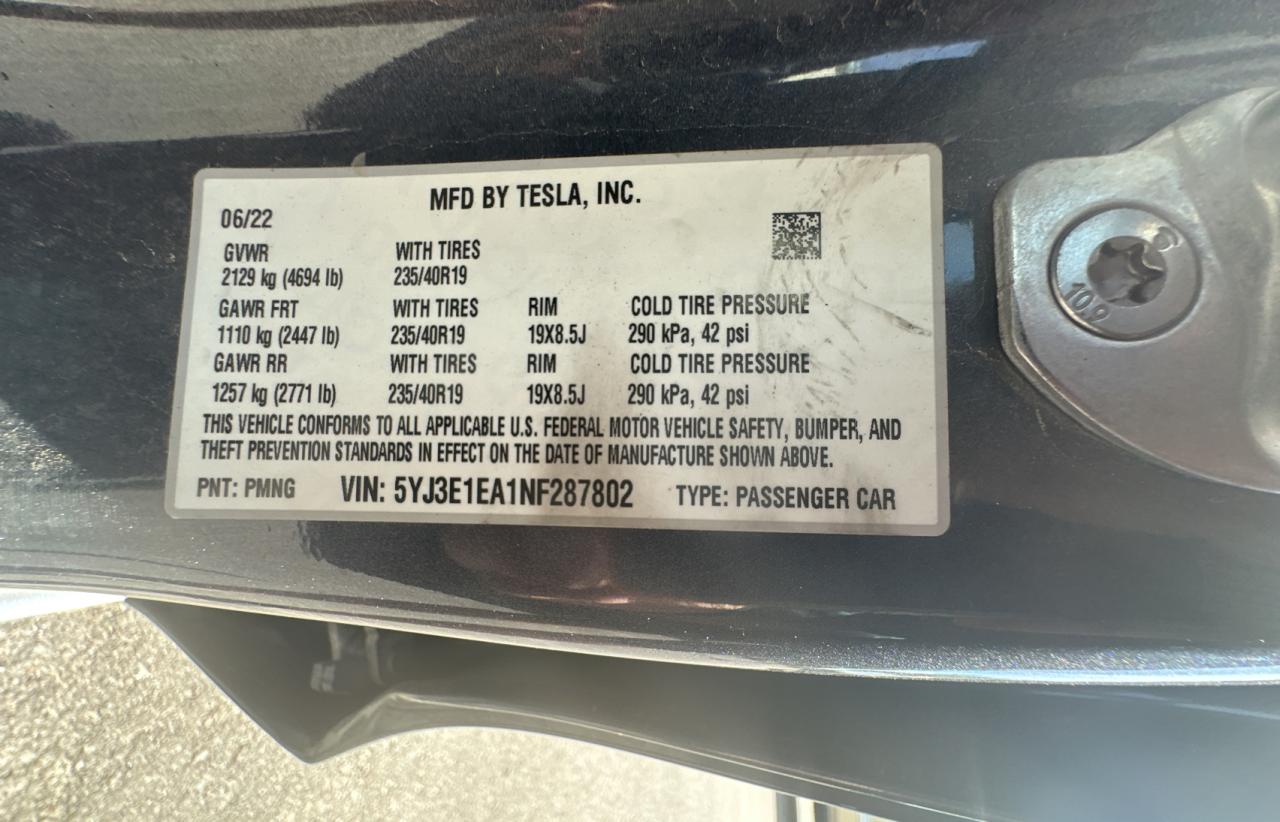 Photo 10 VIN: 5YJ3E1EA1NF287802 - TESLA MODEL 3 