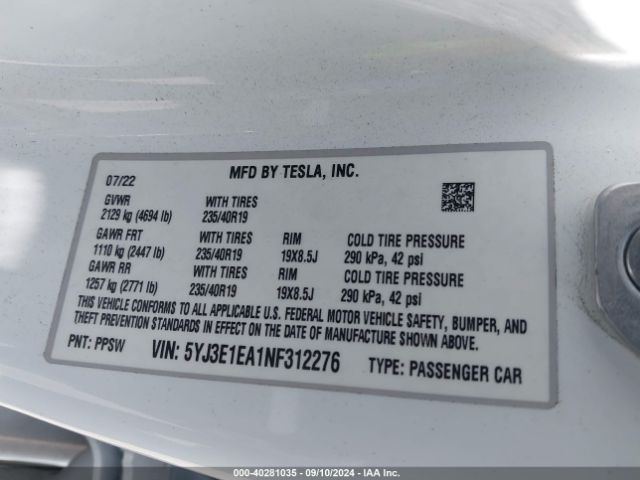 Photo 8 VIN: 5YJ3E1EA1NF312276 - TESLA MODEL 3 