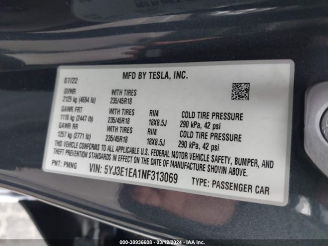 Photo 8 VIN: 5YJ3E1EA1NF313069 - TESLA MODEL 3 