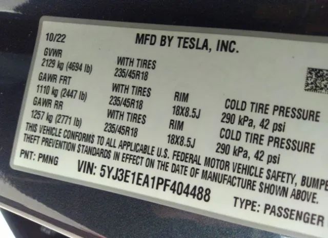 Photo 8 VIN: 5YJ3E1EA1PF404488 - TESLA MODEL 3 