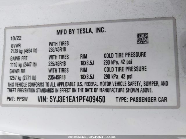 Photo 8 VIN: 5YJ3E1EA1PF409450 - TESLA MODEL 3 