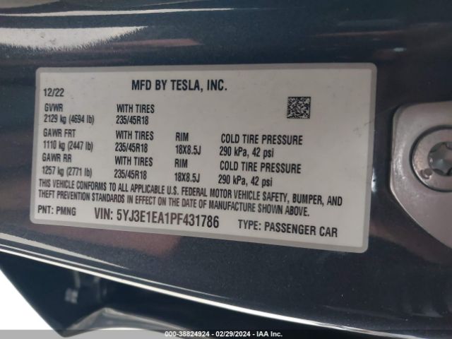 Photo 8 VIN: 5YJ3E1EA1PF431786 - TESLA MODEL 3 