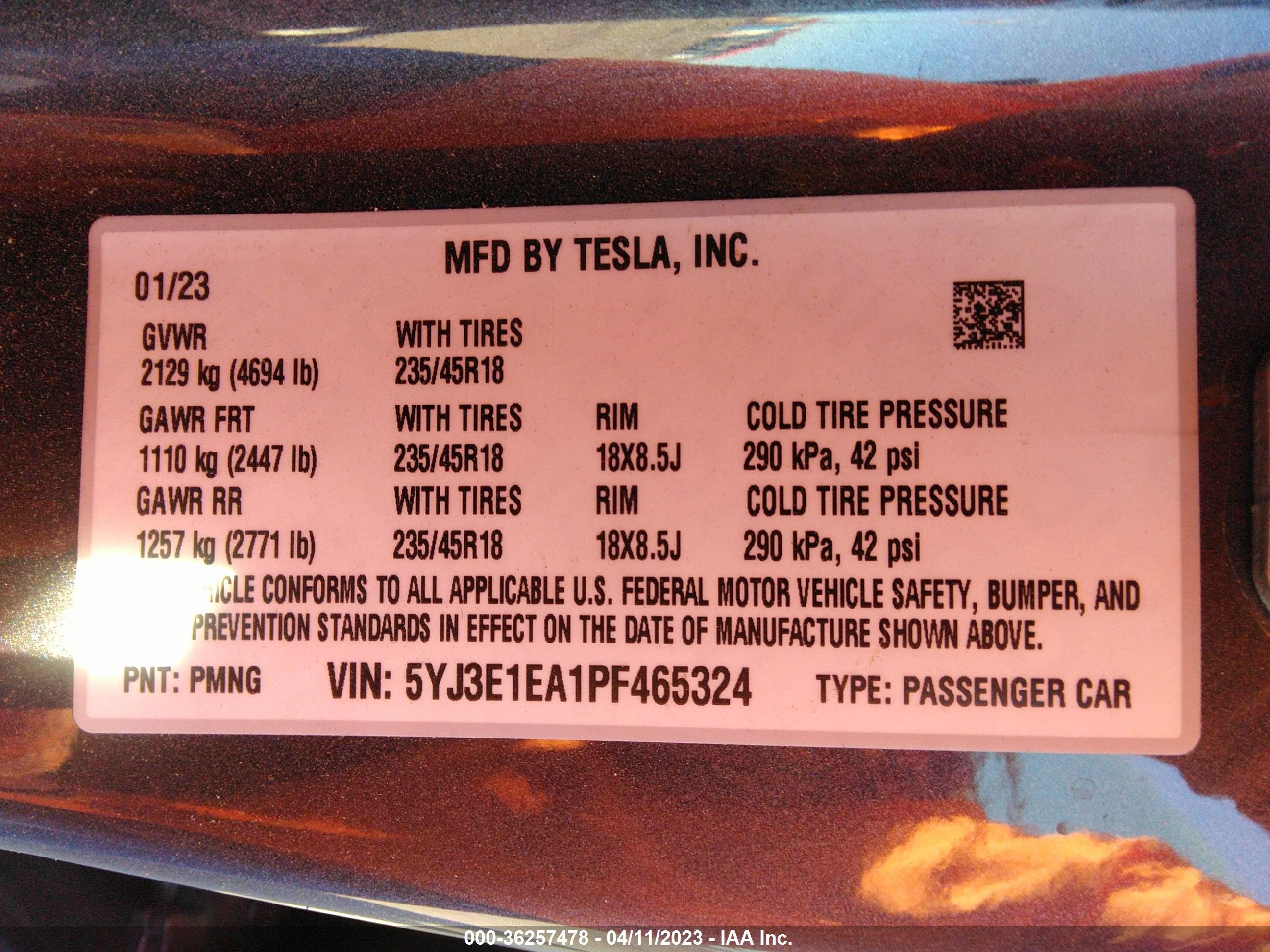 Photo 8 VIN: 5YJ3E1EA1PF465324 - TESLA MODEL 3 