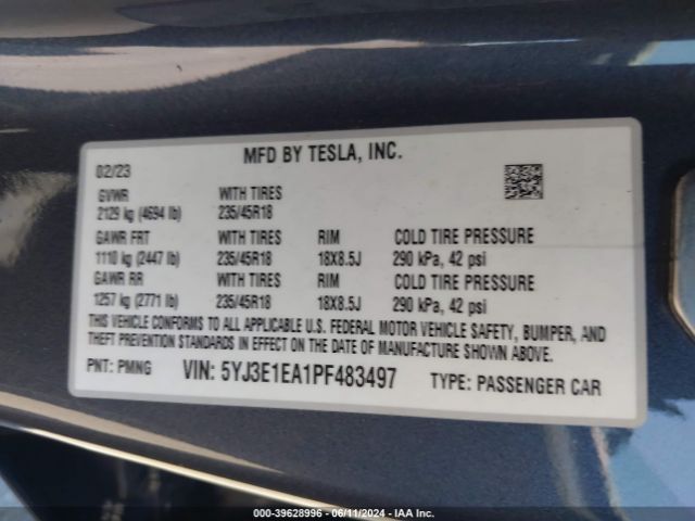 Photo 8 VIN: 5YJ3E1EA1PF483497 - TESLA MODEL 3 