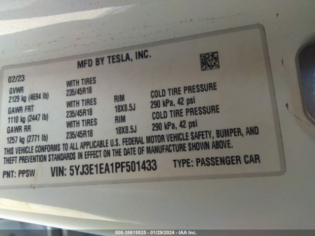 Photo 8 VIN: 5YJ3E1EA1PF501433 - TESLA MODEL 3 