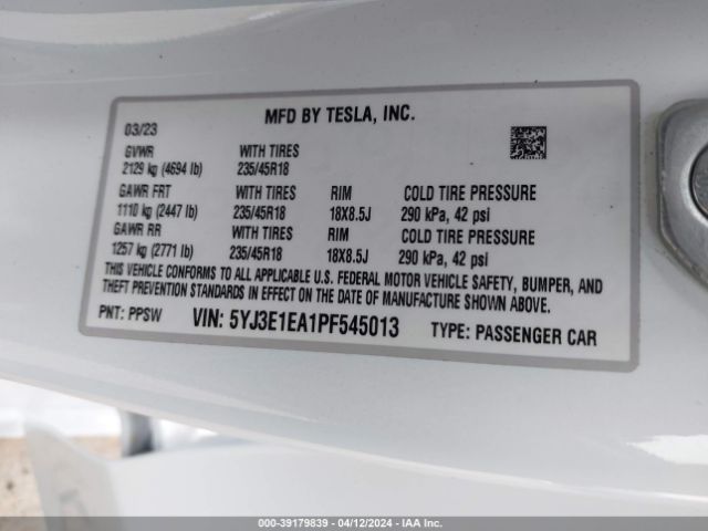 Photo 8 VIN: 5YJ3E1EA1PF545013 - TESLA MODEL 3 