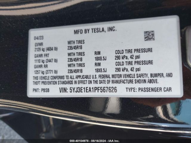 Photo 8 VIN: 5YJ3E1EA1PF567626 - TESLA MODEL 3 