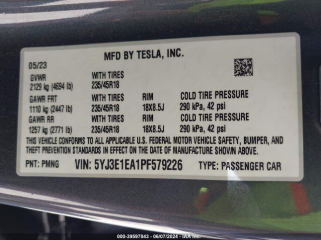 Photo 8 VIN: 5YJ3E1EA1PF579226 - TESLA MODEL 3 