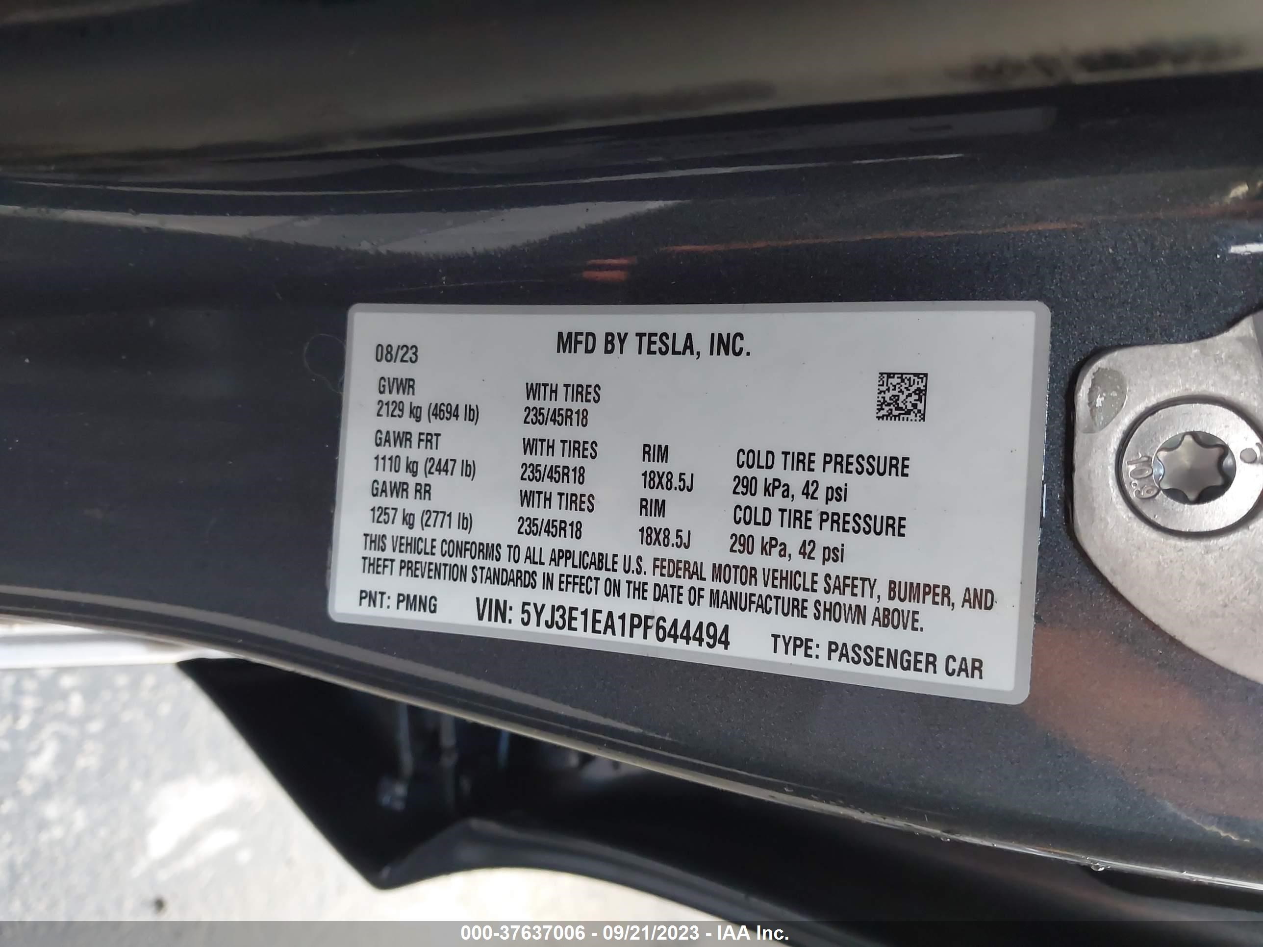 Photo 8 VIN: 5YJ3E1EA1PF644494 - TESLA MODEL 3 