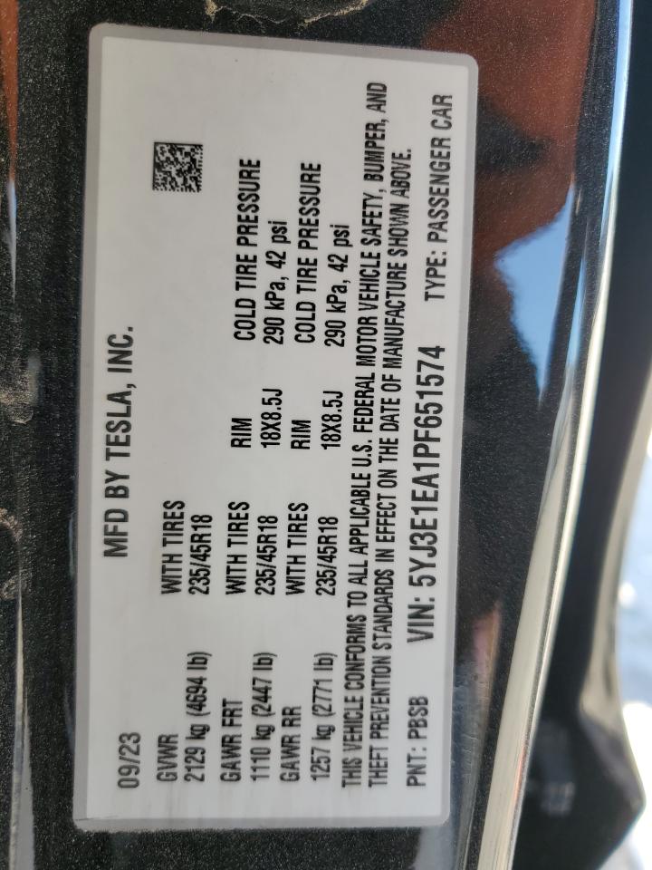 Photo 12 VIN: 5YJ3E1EA1PF651574 - TESLA MODEL 3 