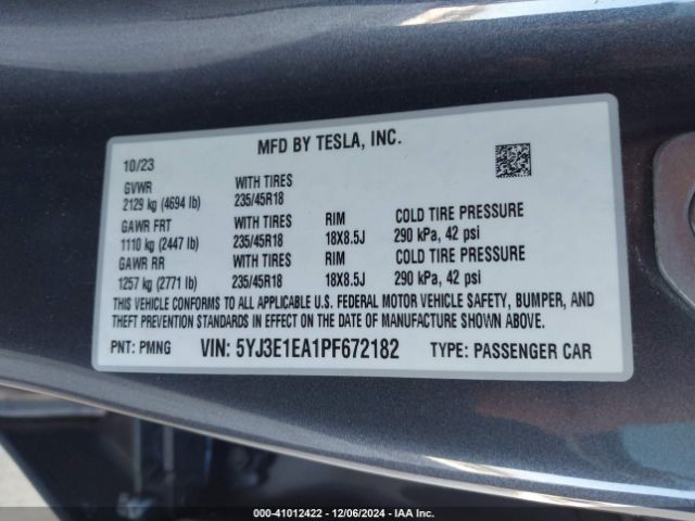 Photo 8 VIN: 5YJ3E1EA1PF672182 - TESLA MODEL 3 