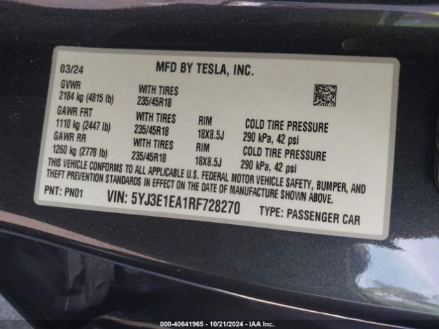 Photo 8 VIN: 5YJ3E1EA1RF728270 - TESLA MODEL 3 