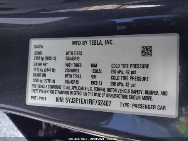 Photo 8 VIN: 5YJ3E1EA1RF752407 - TESLA MODEL 3 