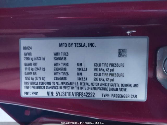 Photo 8 VIN: 5YJ3E1EA1RF842222 - TESLA MODEL 3 