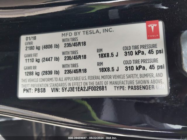 Photo 8 VIN: 5YJ3E1EA2JF002681 - TESLA MODEL 3 